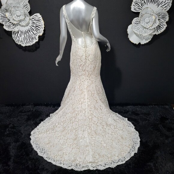 NWT~$1450~ELLA ROSA~10/12~IVORY NUDE FLORAL LACE FIT & FLARE WEDDING DRESS GOWN - Picture 10 of 16